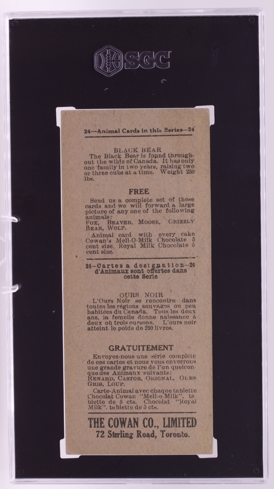1920 V2 Cowan Co. Animal Cards #24 Black Bear SGC 3 VG Royal Milk Mell-O-Milk