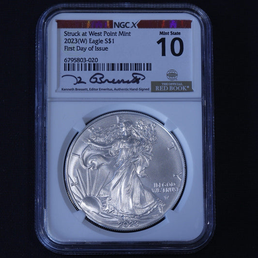 2023-W Silver Eagle NGCX 10 • First Day of Issue • Bressett Red Book Hand Signed