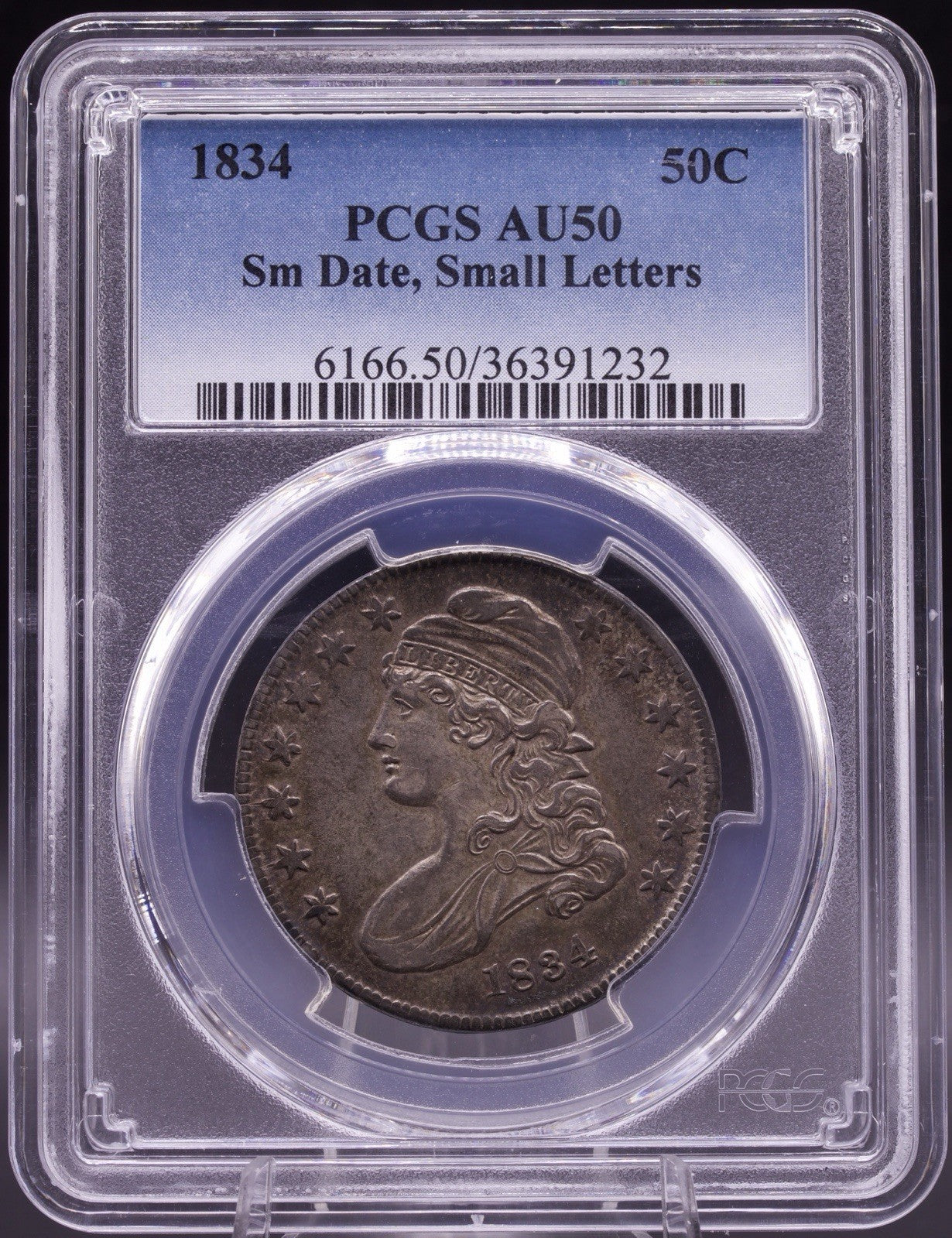 1834 Sm Date, Sm Letters Capped Bust Silver Half Dollar PCGS AU-50