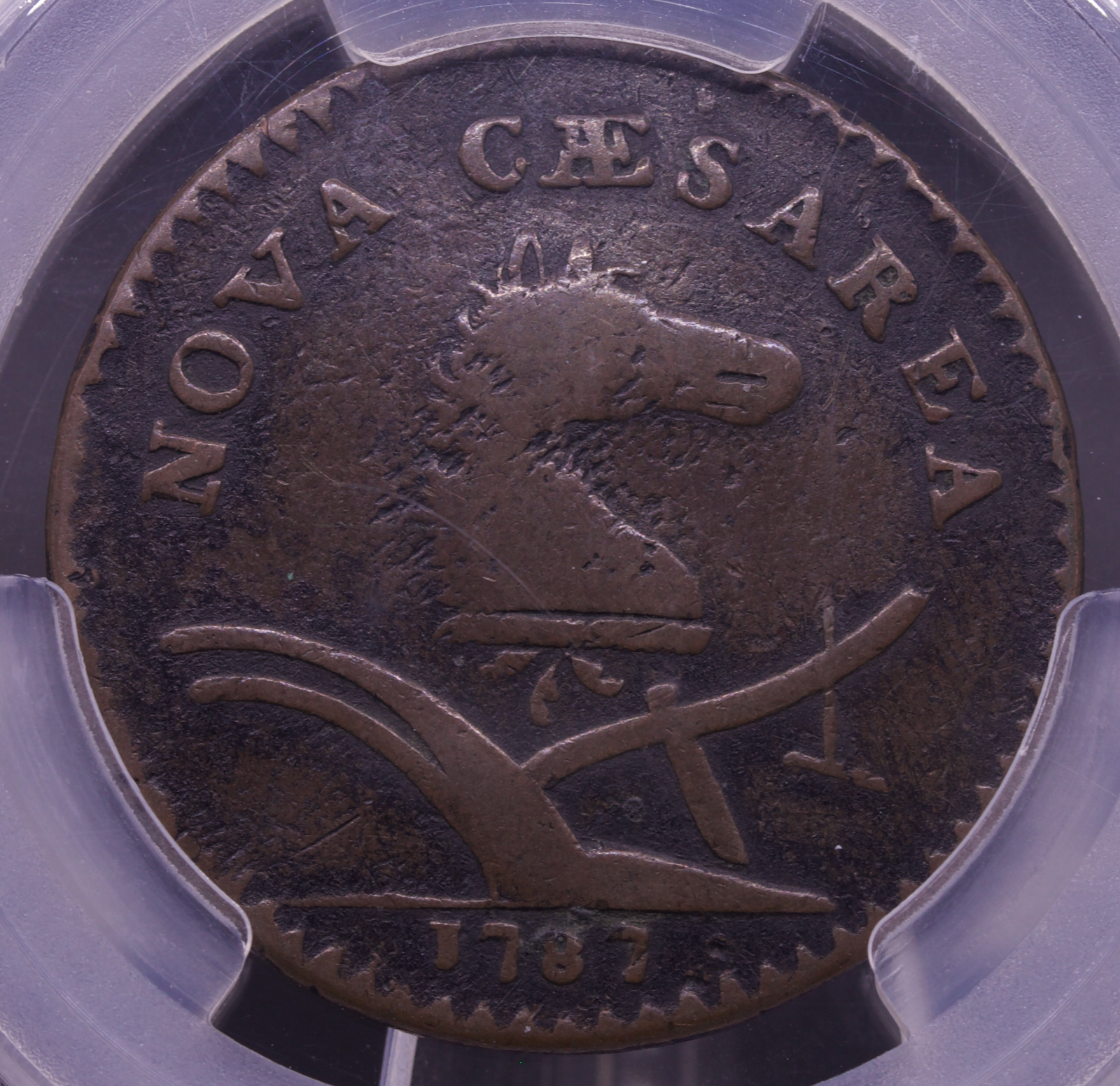 1787 New Jersey Colonial Copper 1/2P Coin Sprig Above Plow Variety PCGS F12