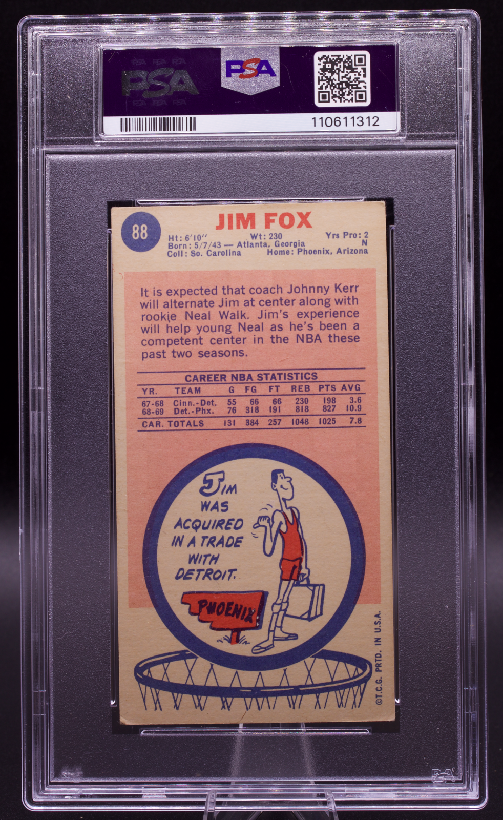 1969 Topps Signed Jim Fox #88 PSA Authentic AUTO 10 Phoenix Suns Tallboy