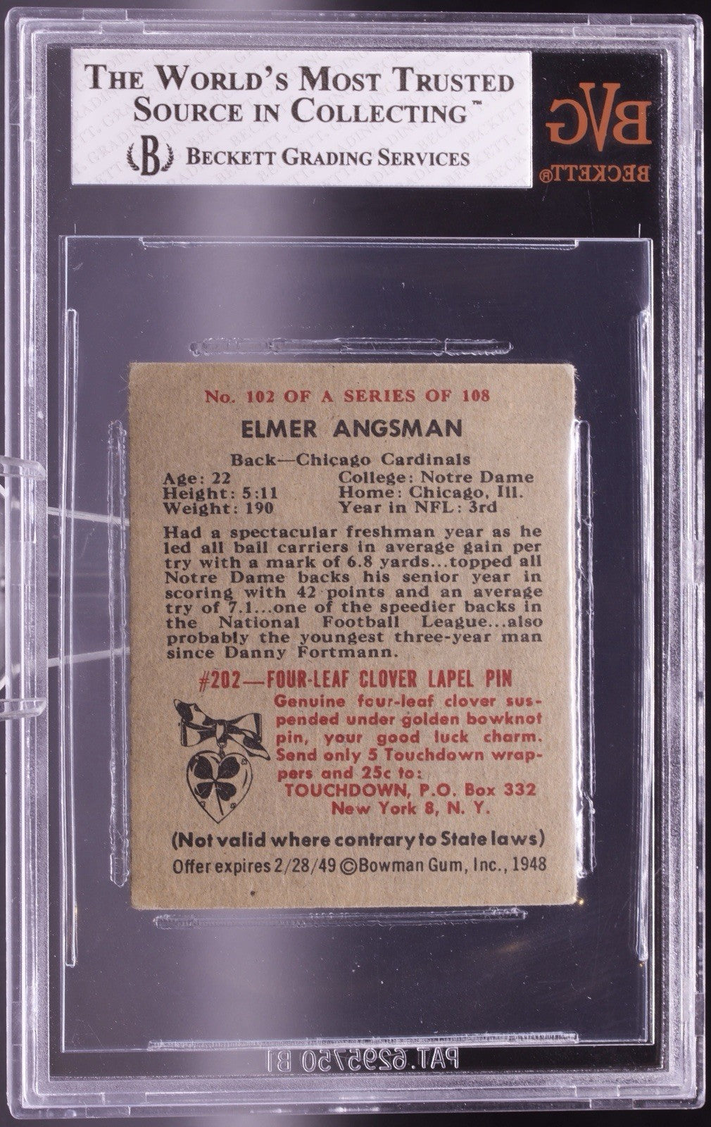 1948 Bowman #102 Elmer Angsman SP RC BVG 5.5 Notre Dame Cardinals 1947 Champs
