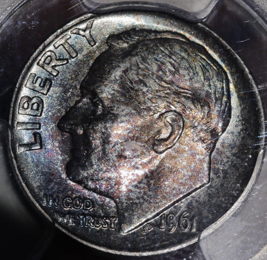 1961 Roosevelt Dime PCGS MS66 • Vivid Rainbow Toning • Premium Eye Appeal