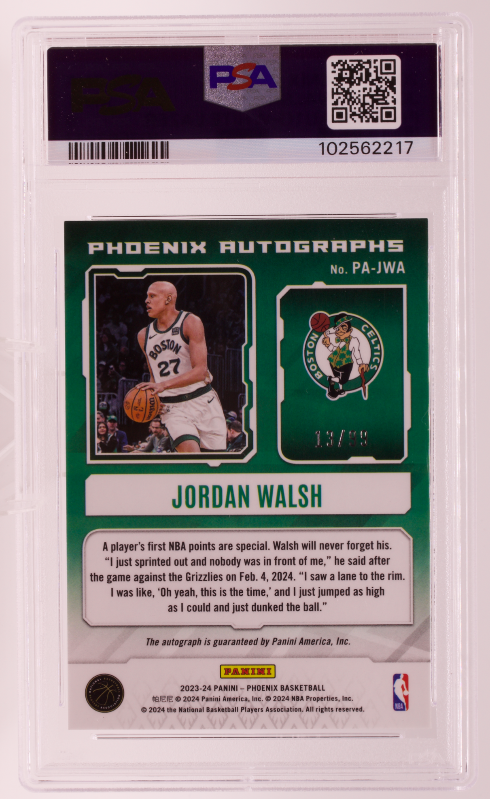 2023-24 Panini Phoenix Jordan Walsh Auto White Lazer /99 RC PSA 9 MINT Celtics