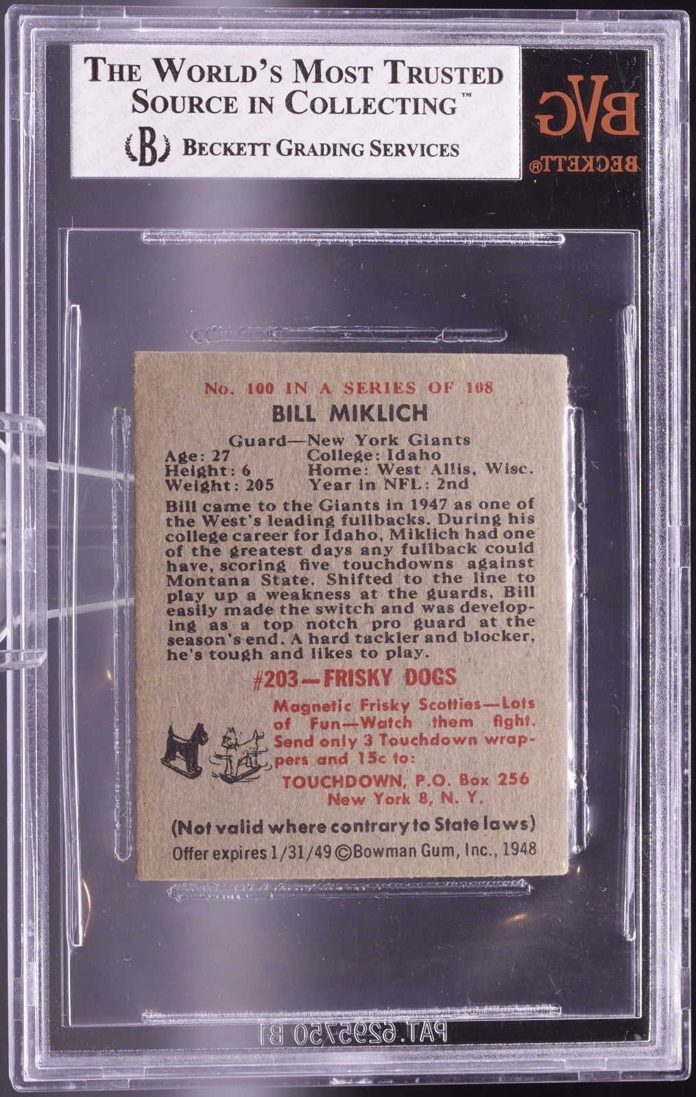 1948 Bowman Football #100 Bill Miklich Rookie RC BVG 3.5 VG+ Giants High Number
