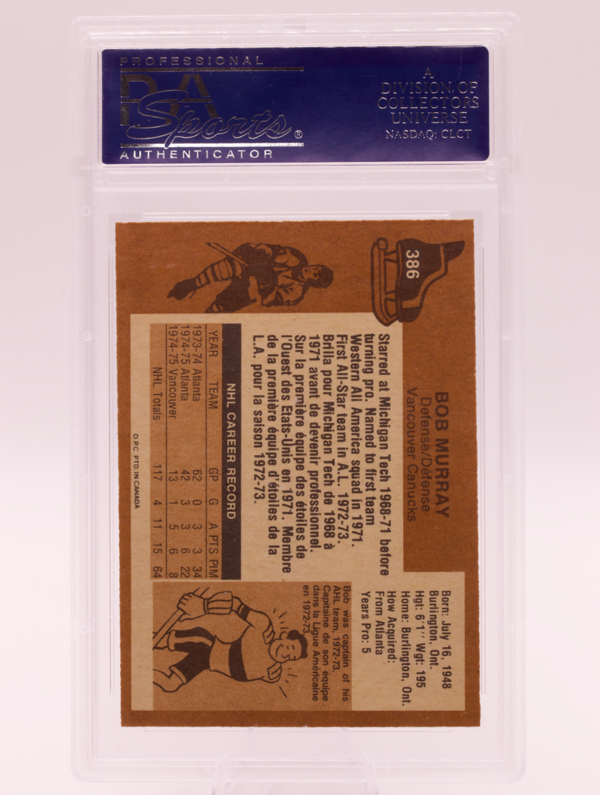 1975 O-Pee-Chee #386 Bob Murray PSA 8 NM-MT Vancouver Canucks OPC Hockey NHL