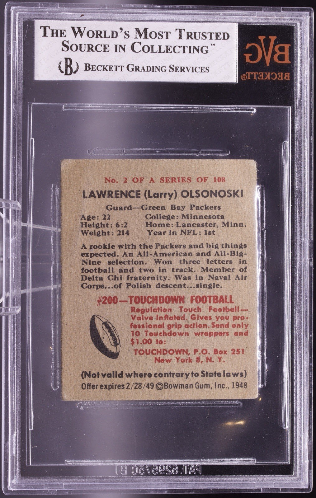 1948 Bowman Football #2 Larry Olsonoski Rookie RC BVG 3 VG Green Bay Packers