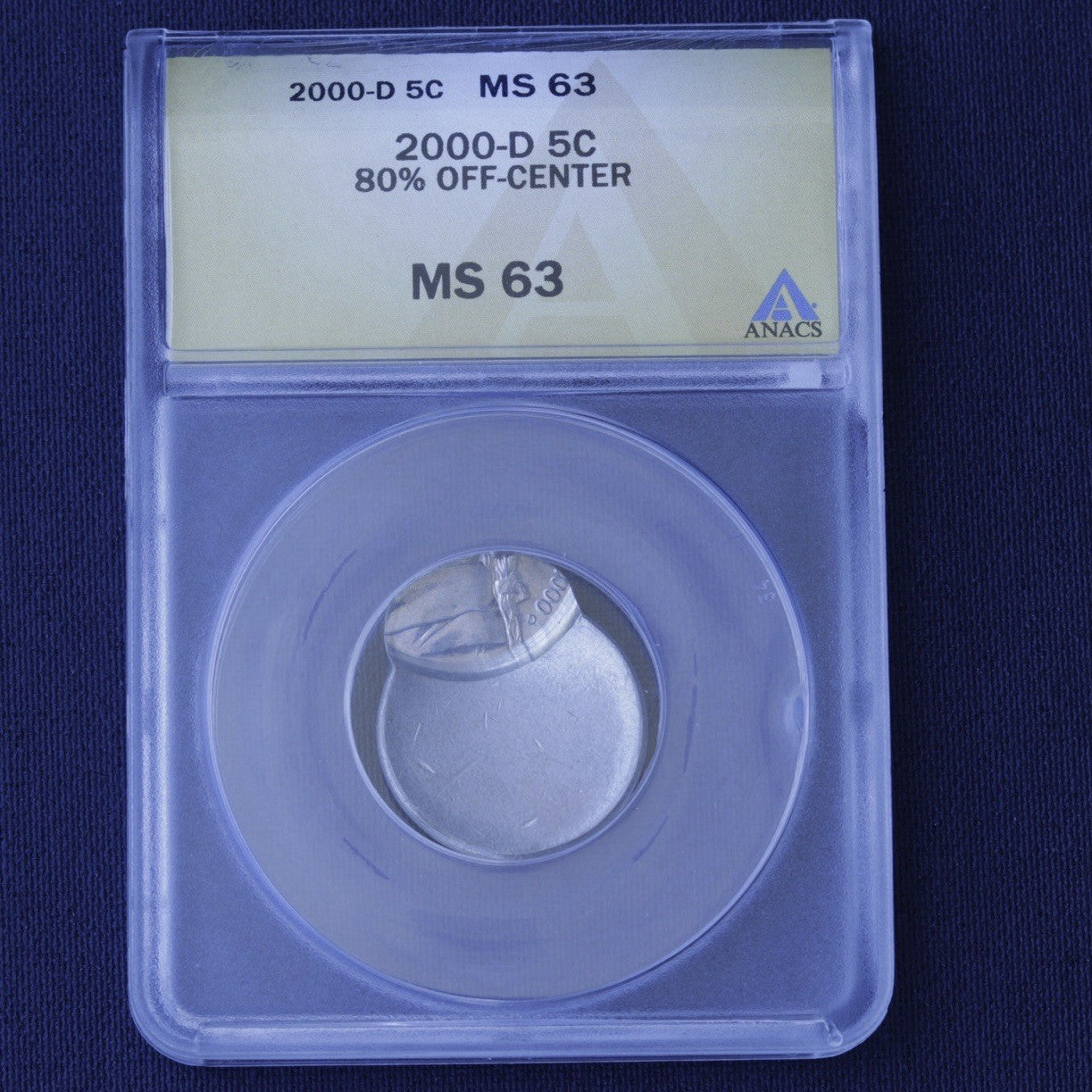 2000-D Jefferson Nickel • 80% Off-Center Strike • ANACS MS63 Mint Error
