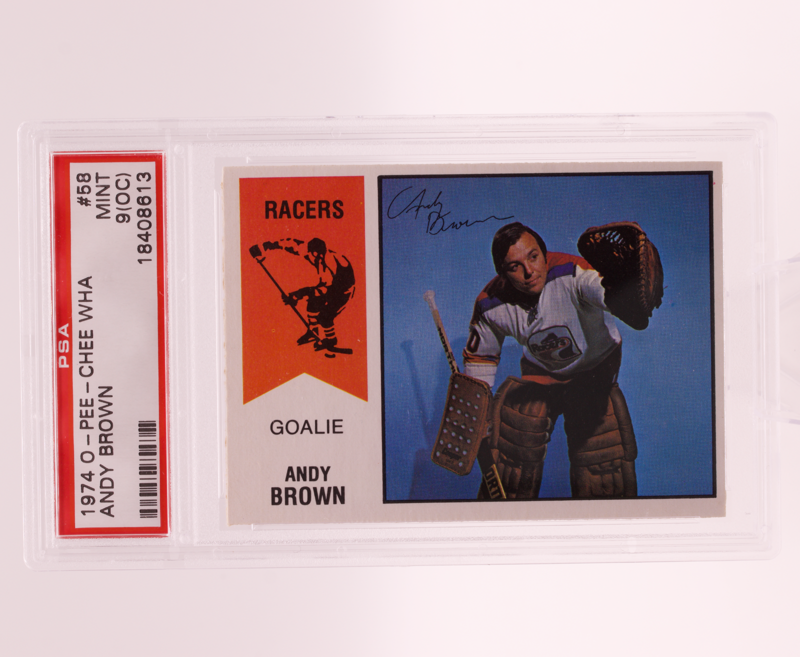 1974 O-Pee-Chee WHA Andy Brown #58 PSA 9 (OC) MINT Indianapolis Racers Goalie OP