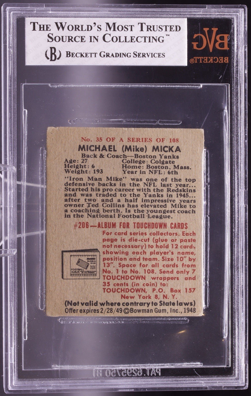1948 Bowman Football #35 Mike Micka Rookie RC BVG 3.5 VG+ Boston Yanks