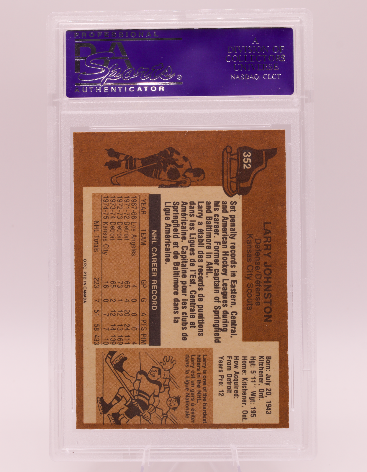 1975 O-Pee-Chee #352 Larry Johnston PSA 8 NM-MT Kansas City Scouts Hockey