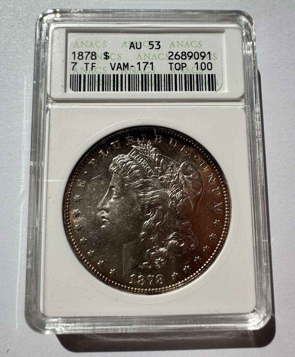1878 Morgan Dollar AU53 ANACS VAM-171 TOP 100 – Vibrant Toning Soapbox Holder