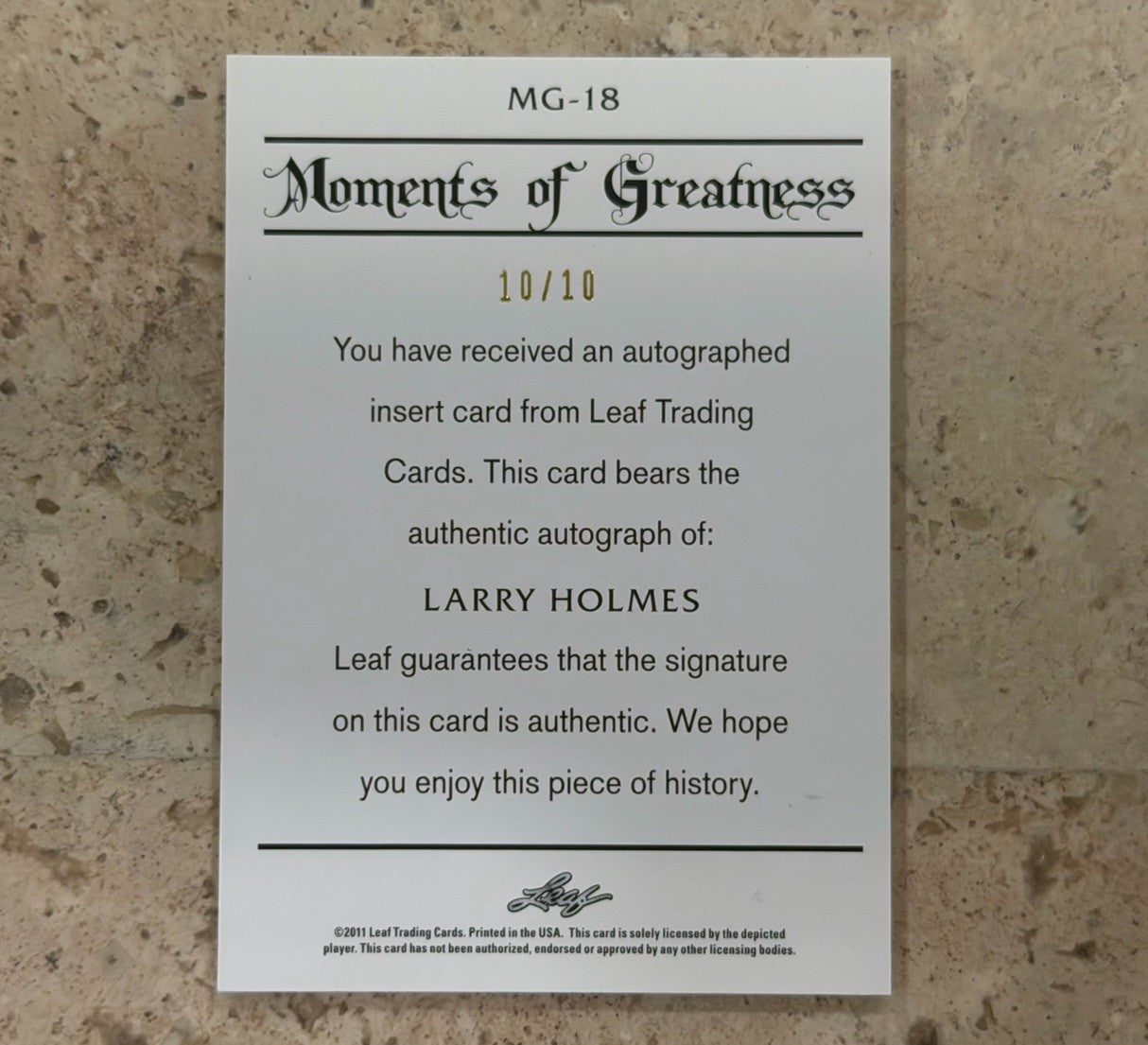 2011 Leaf Moments of Greatness Larry Holmes Auto 10/10 MG-18 Boxing HOF Champ