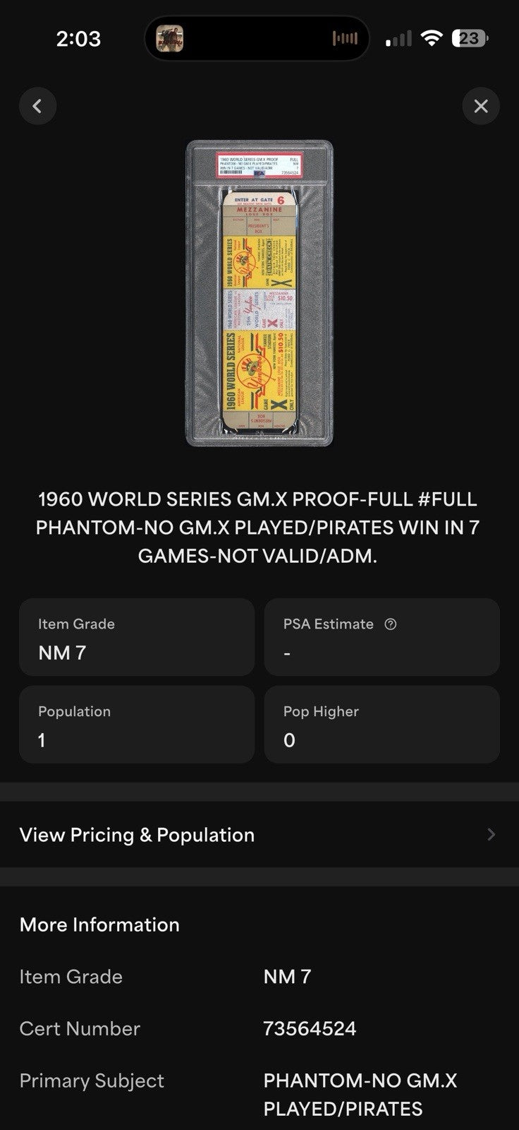 1960 World Series Game 7 Phantom Ticket PSA 7 NM Yankees • POP 1 - None Higher !
