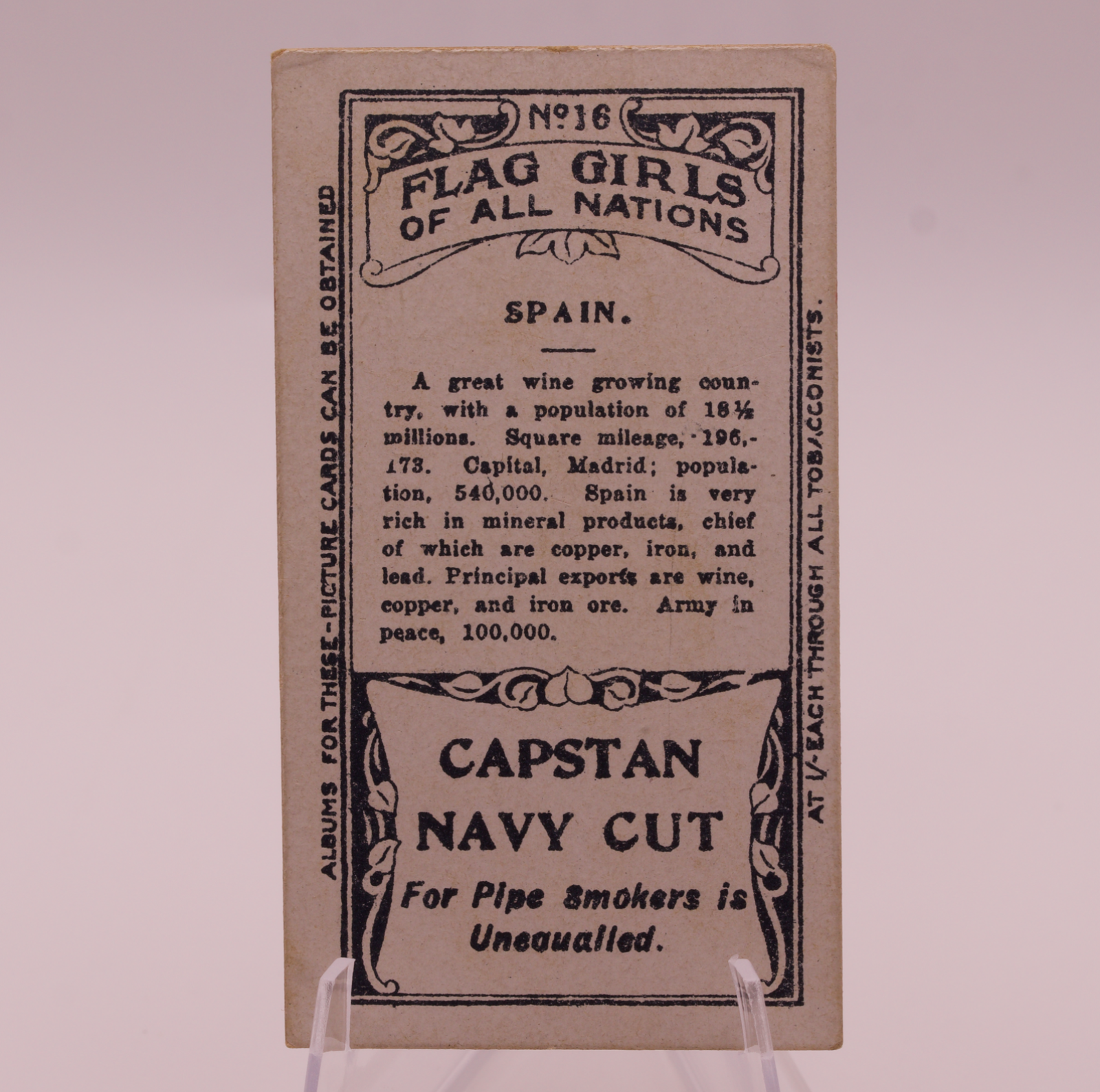 1908 Wills Flag Girls of All Nations #16 SPAIN Capstan Navy Cut Tobacco Card