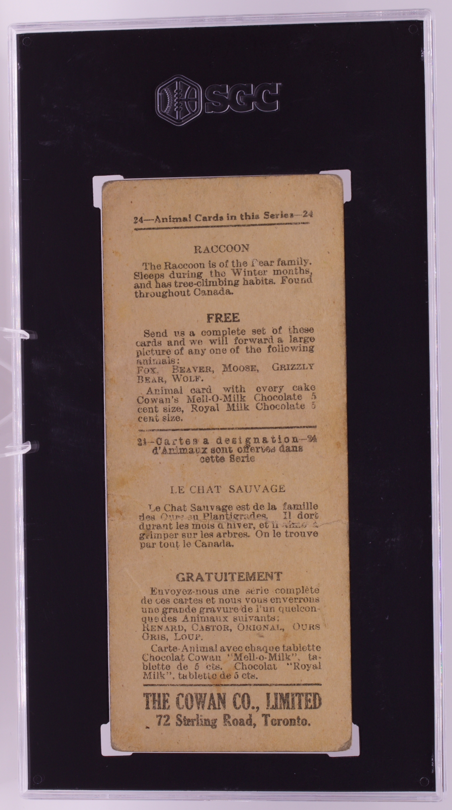1920 Cowan Co V2 Animal Cards #22 Racoon SGC 1 PR Canadian Chocolate