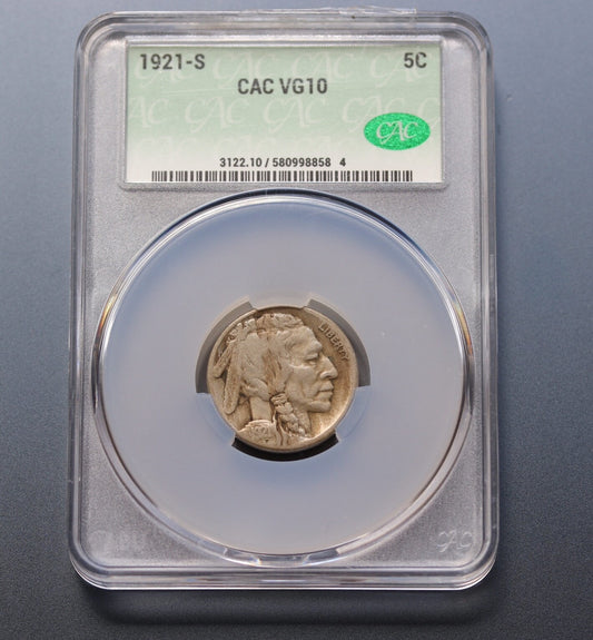 1921-S Buffalo Nickel 5C CAC VG10 Key Date Low Mintage