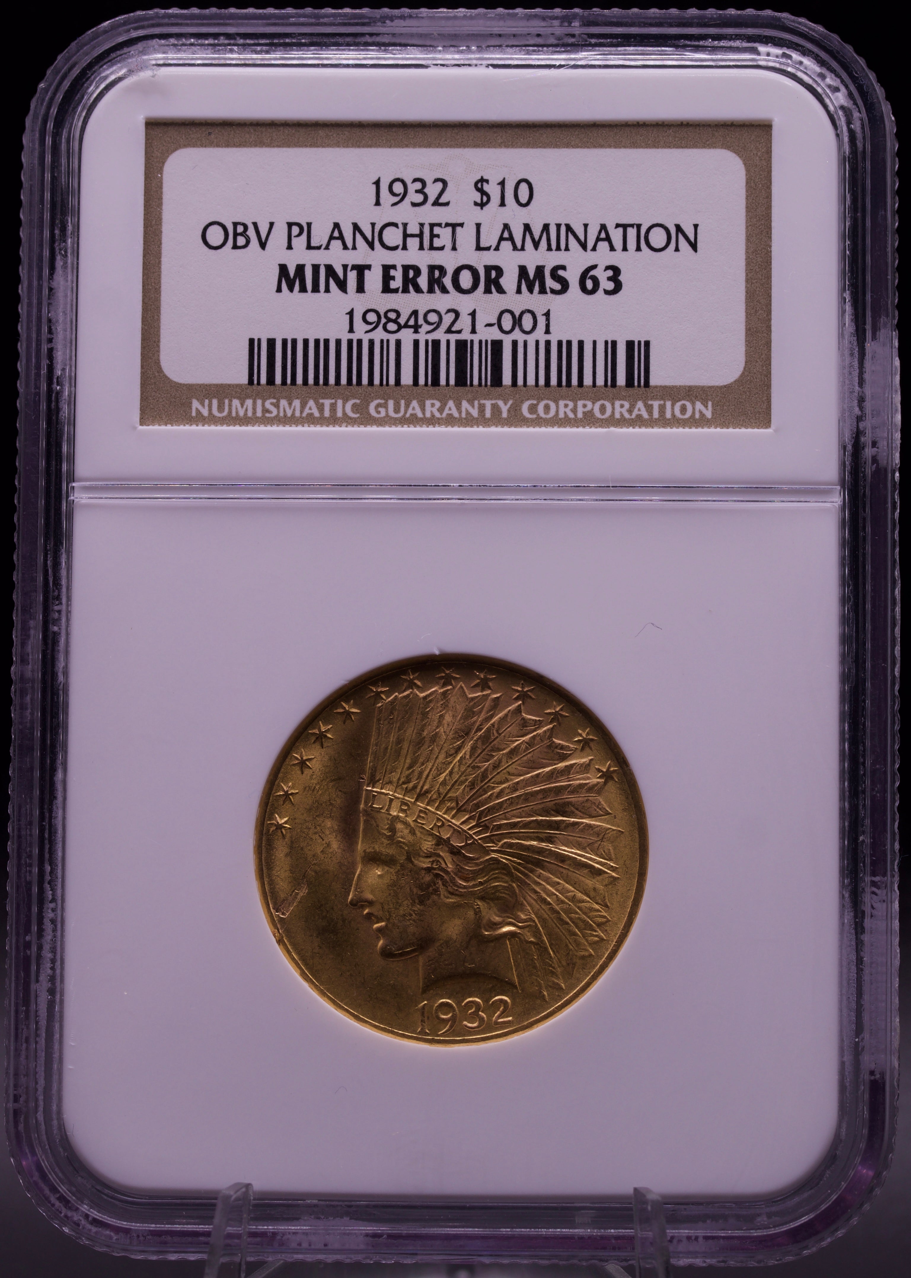 1932 Indian Head $10 Gold Eagle Obv Lamination Error NGC MS63 Mint Error