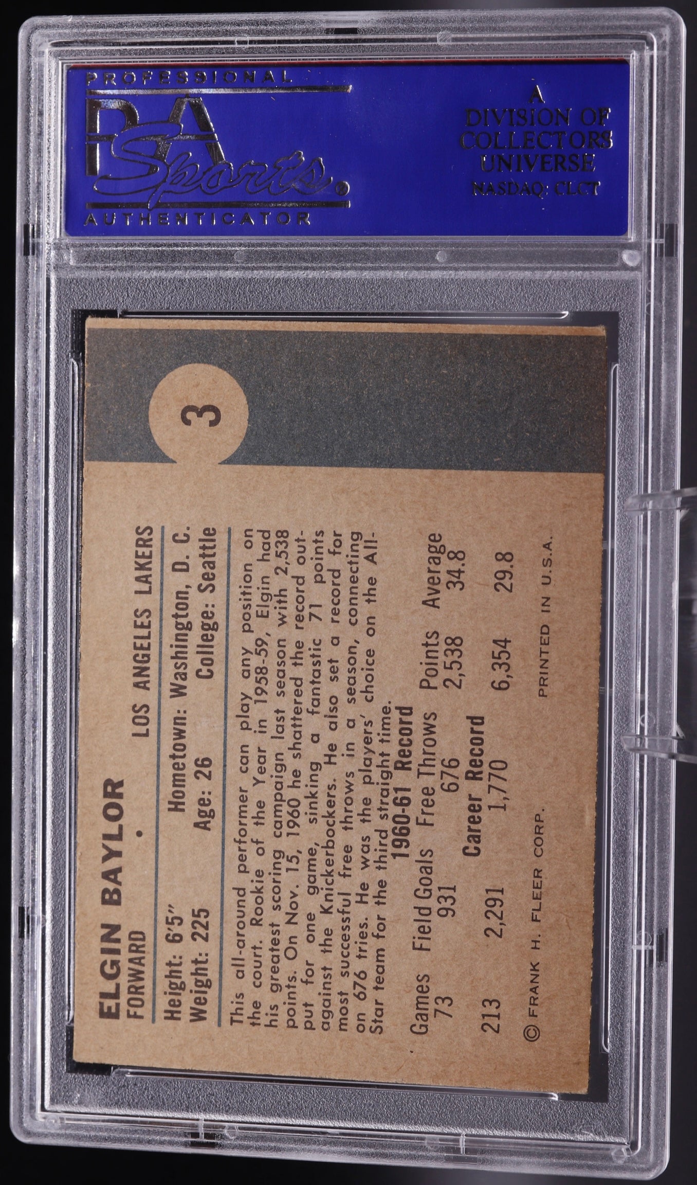 1961 Fleer #3 Elgin Baylor Lakers HOF RC PSA 6 EX-MT (OC) Vintage Basketball
