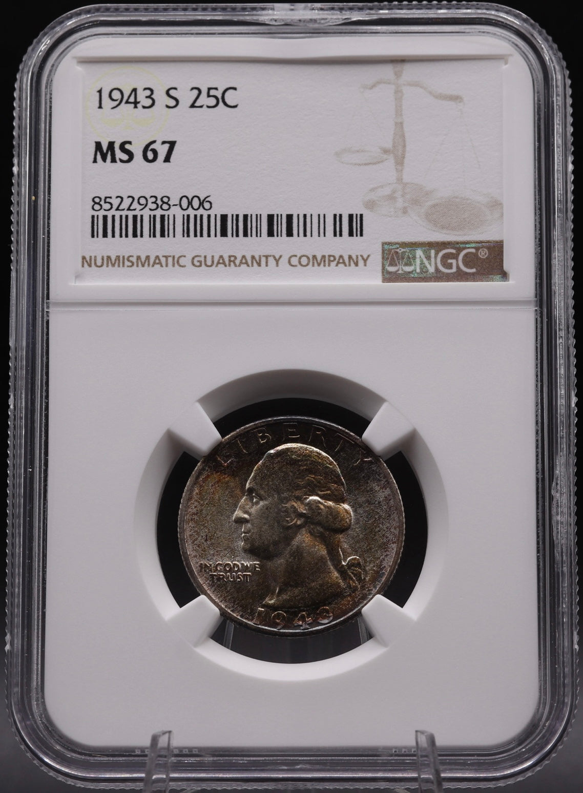 1943-S Washington Quarter NGC MS67 • WWII Silver Era Deep Red Rainbow Patina