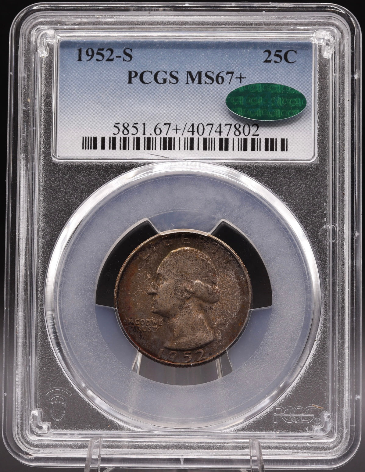 1952-S Washington Quarter PCGS MS67+ CAC • Multi-Color Toned Gem