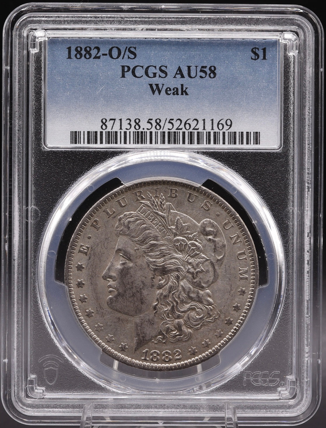 1882 O/S Morgan Silver Dollar PCGS AU58 Weak Mint Error Coin