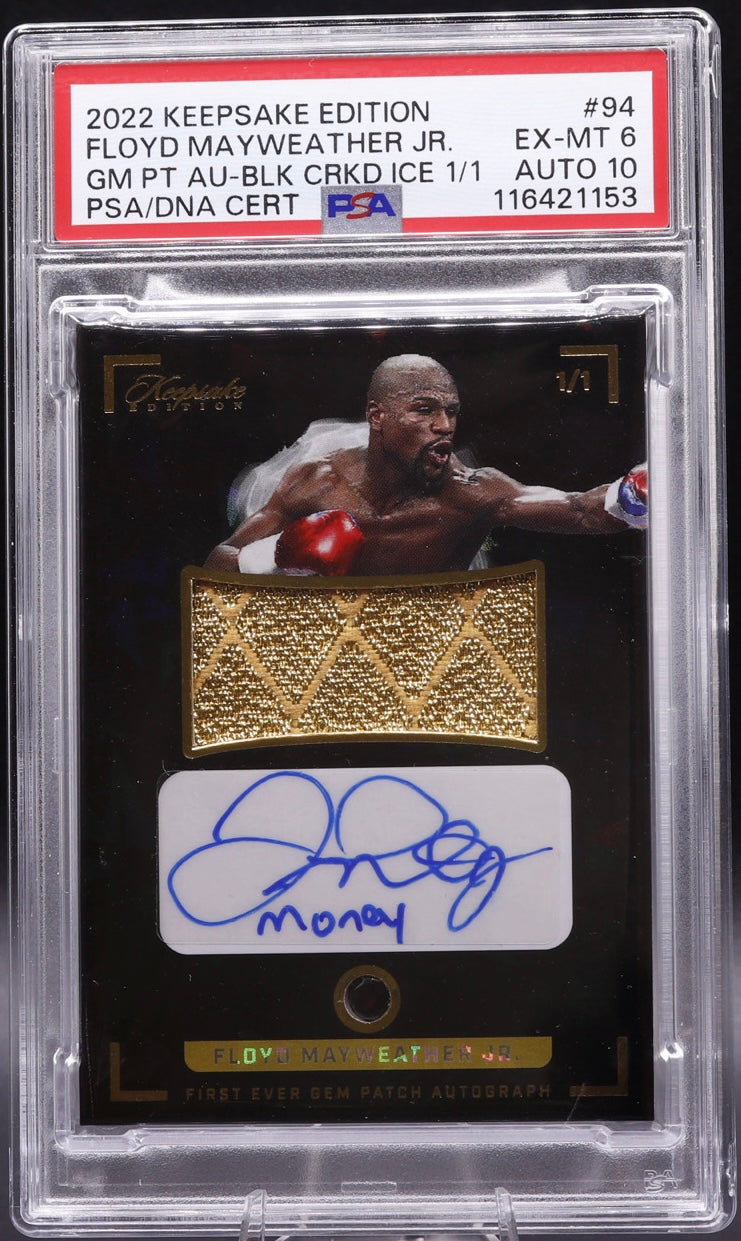 2022 Floyd Mayweather Jr. 1/1 Auto Patch Cracked Ice PSA 6 Auto 10 Gem Garnet