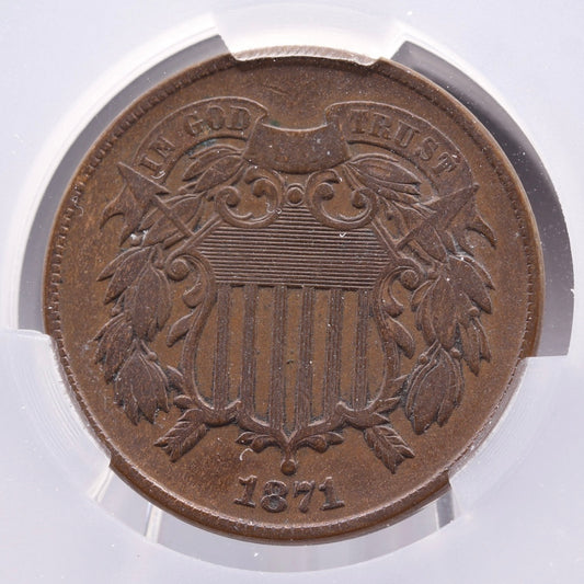 1871 2C Two-Cent Piece CAC VF30 Key Date Low Mintage Copper Coin