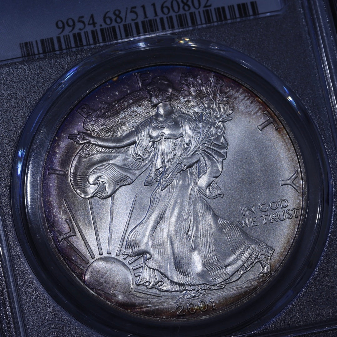 2001 Silver Eagle PCGS MS68 • Purple Rim Toning • Collector Eye Appeal