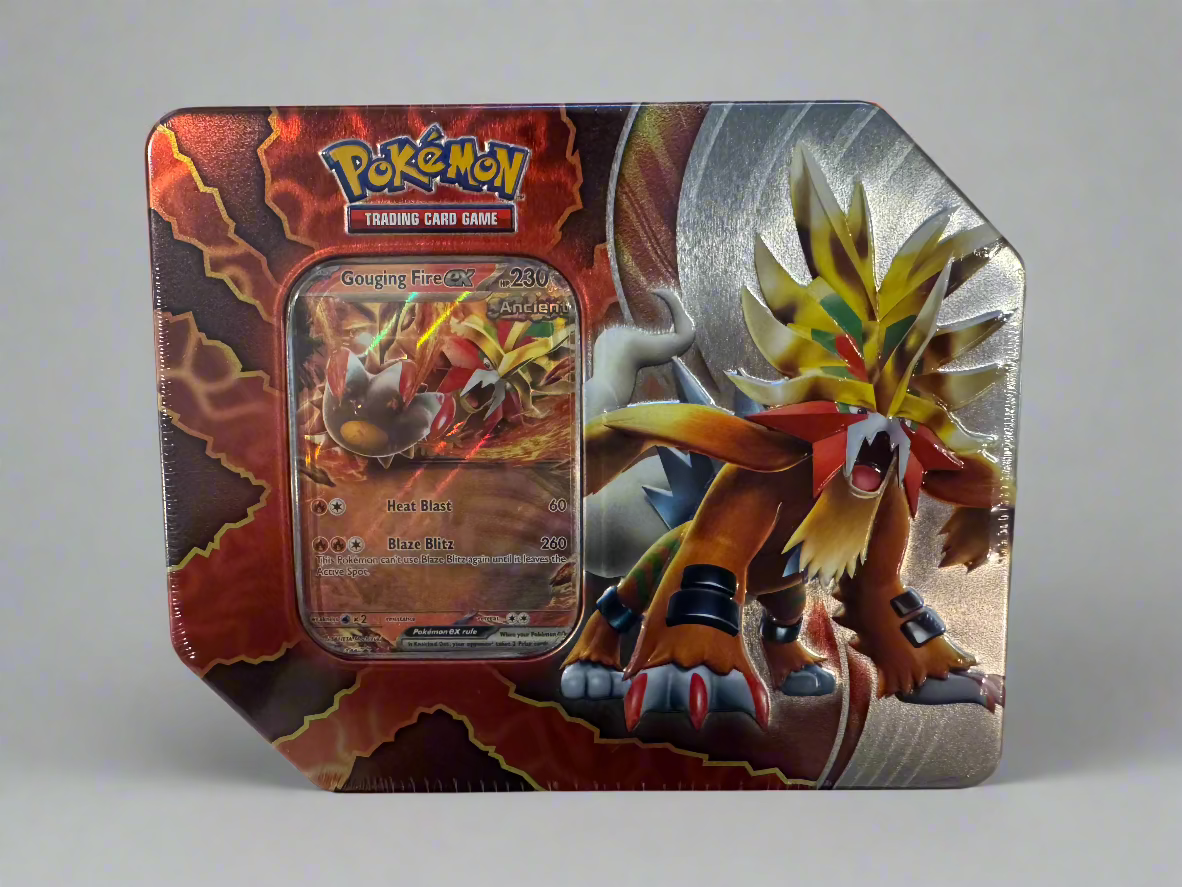 Gouging Fire ex Pokémon TCG Tin – 5 Booster Packs + Promo Card