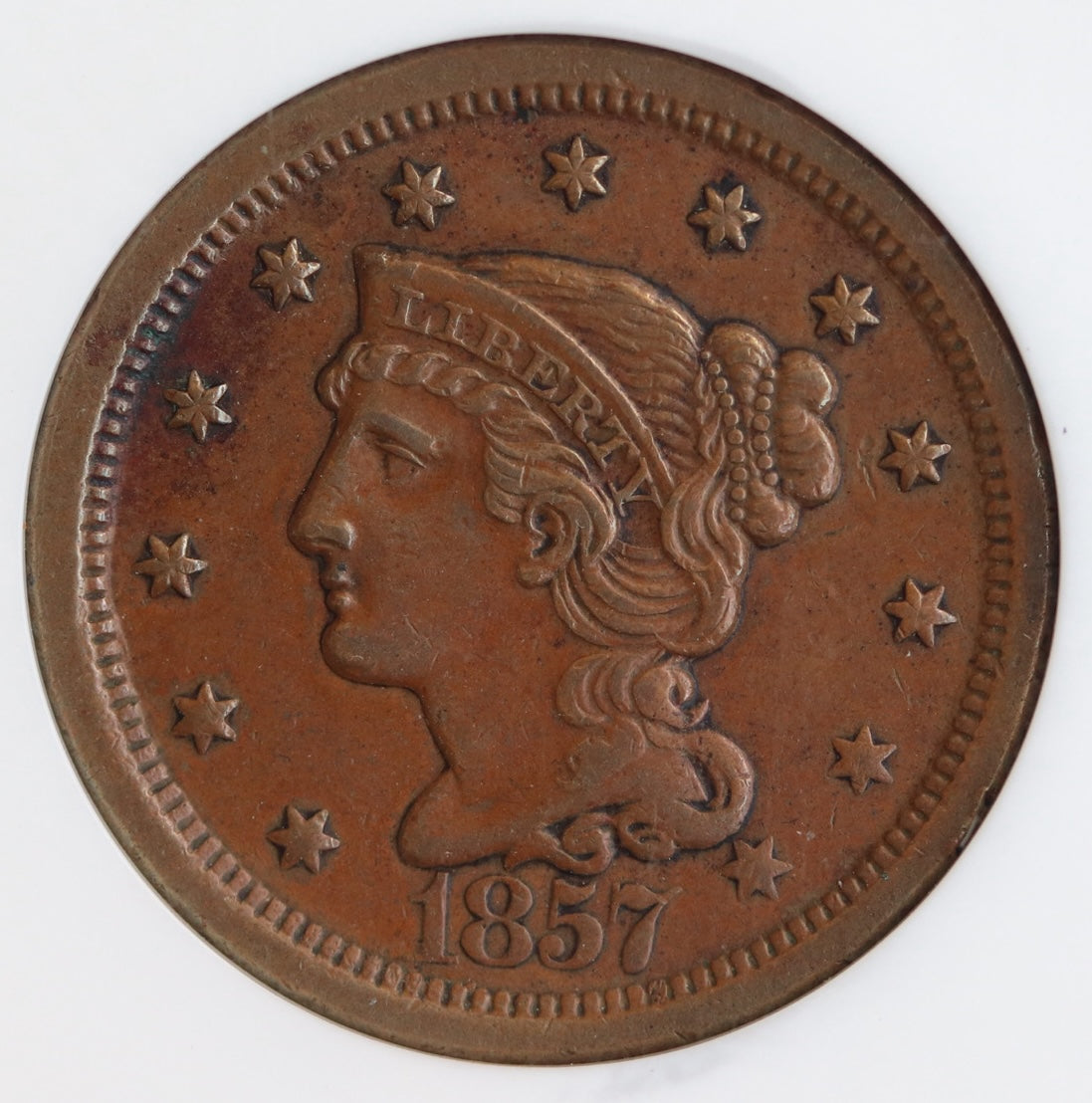 1857 Large Cent – Large Date – NGC AU58 BN – Late Issue Braided Hair Copper Coin