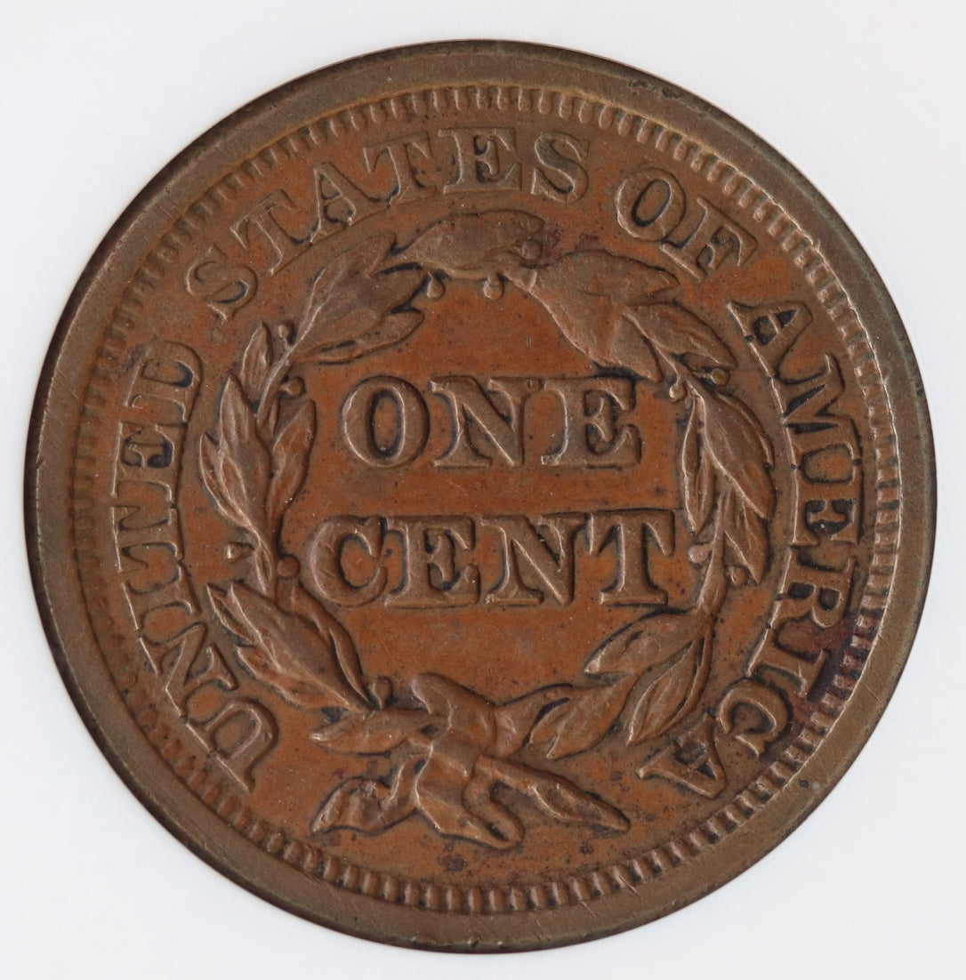 1857 Large Cent – Large Date – NGC AU58 BN – Late Issue Braided Hair Copper Coin