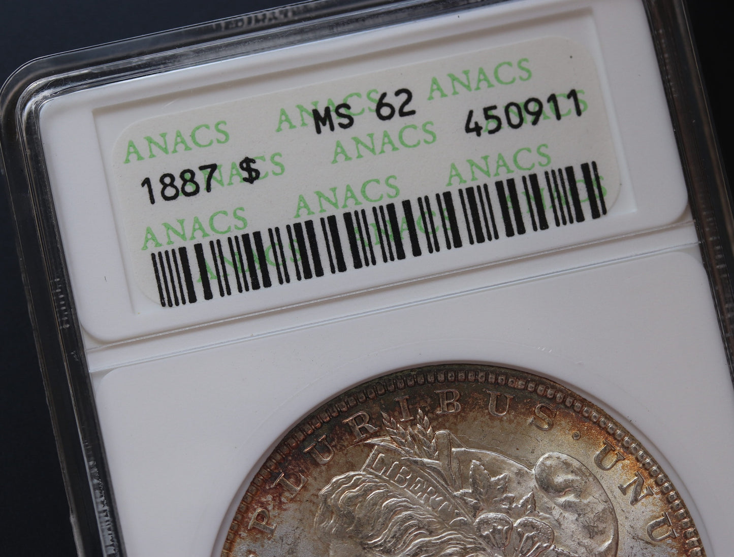 1887 Morgan Silver Dollar – ANACS MS62 – High-Grade 90% Silver - Soapbox Holder