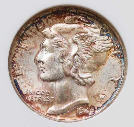 1945‑S Micro S Mercury Dime MS65 ANACS Soapbox Lustrous Toning Key Date