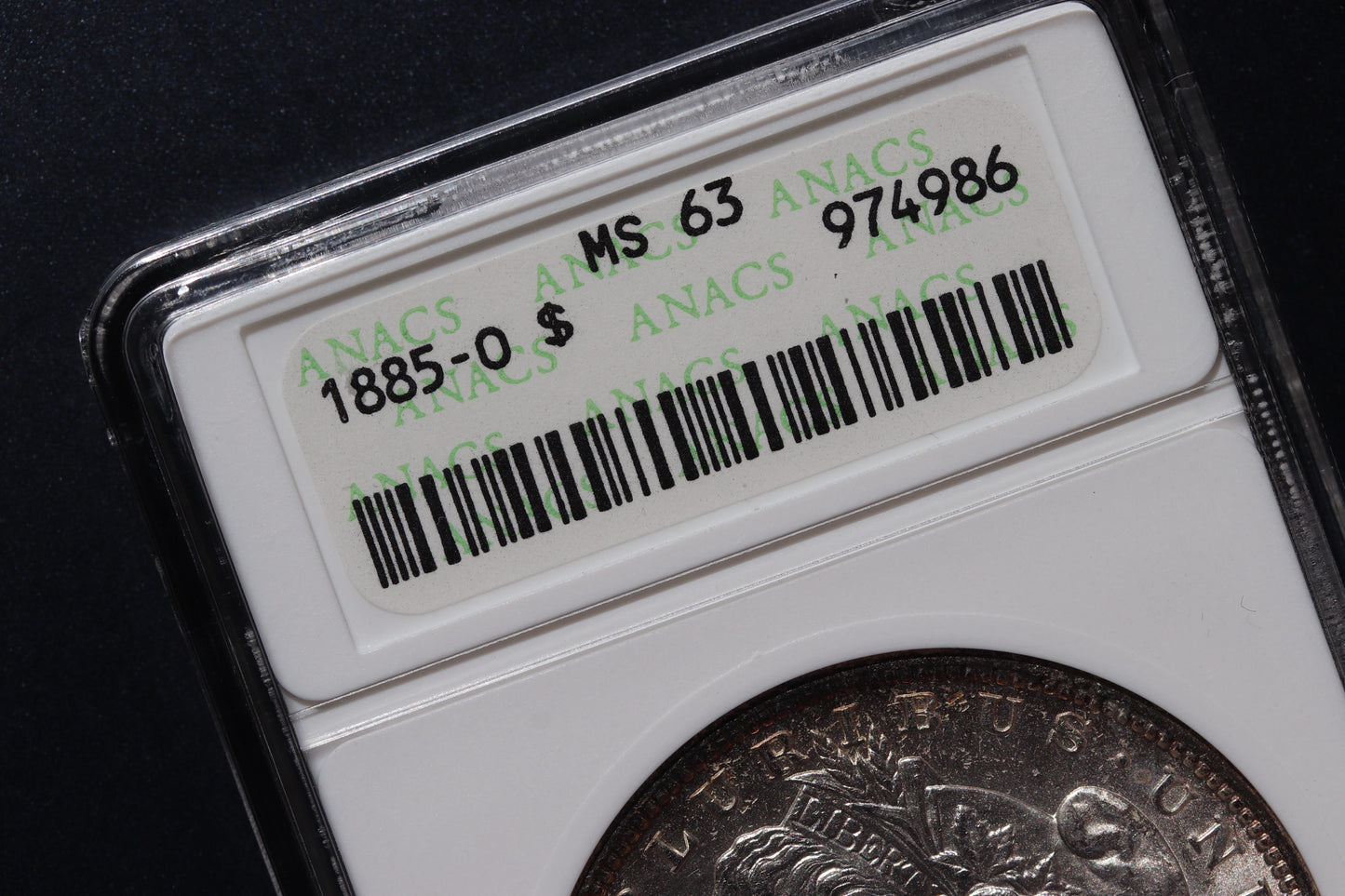 1885-O Morgan Silver Dollar – ANACS MS63 – Old Soapbox Holder, Scarce “O”