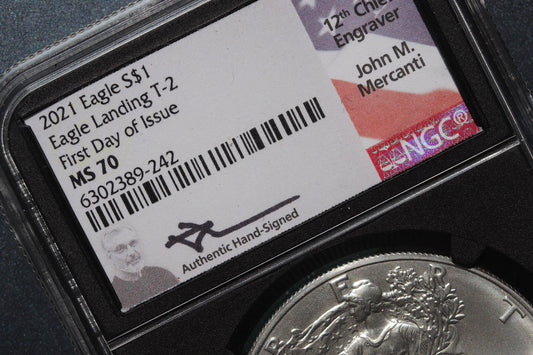 2021 Eagle Coin Landing T-2 John Mercanti Signature First Day Issue NGC MS70