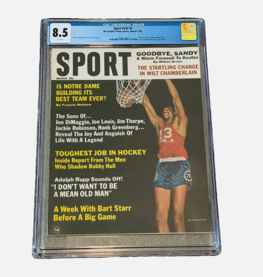 1967 SPORT Magazine March Wilt Chamberlain Cover CGC 8.5 Rare WHITE Pages