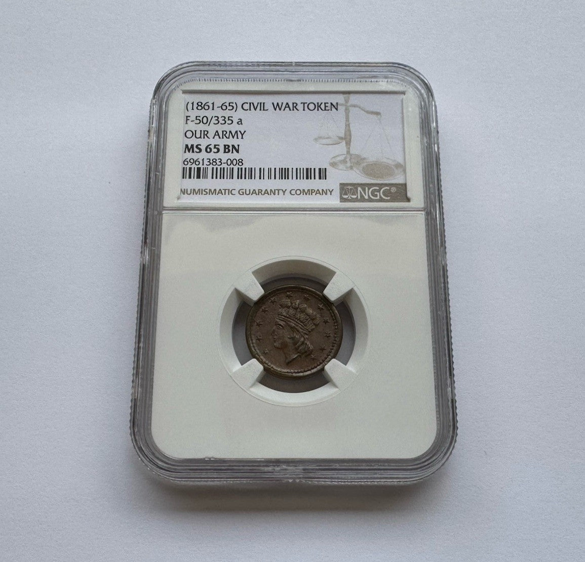 1861 - 1865 Civil War Token “OUR ARMY” F-50/335a NGC MS 65 BN